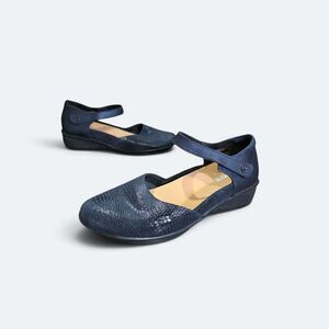 Revere Osaka Navy Lizard Sapphire Leather Mary Jane Wedge Shoe US Size 8W EUR 39